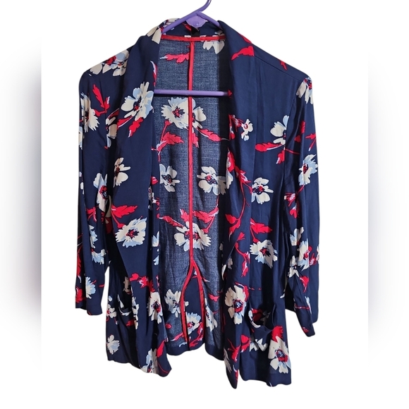 Roz & Ali Blue Red Floral Open Front Blazer L Lightweight Spring Officewear - Picture 2 of 8